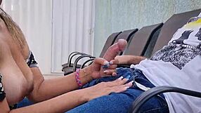 Teen babe sucks cock and receives a massage from a random man