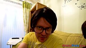 Nerd is giving handjob and blowjob to the British amateur