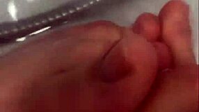 Footjob and jerk off instructions for the amateur bathroom