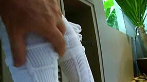 A Ukrainian teen pounds furry shaved pussy one from behind in the bathroom