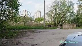 Russian slut gets public blowjob and deepthroat action
