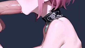 Pink haired beautiful Sakura anime babe is into deep throat and gagging on the big cock