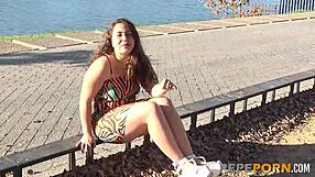 Round and juicy Amateur European girl Anabel Luna gets naked and takes on two cocks at a time