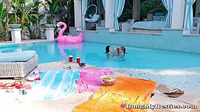 Horny teen babes and blonde babe in poolside lesbian action from threesome