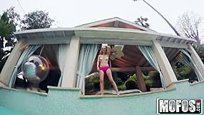 Perv POV amateur girls give boy a blowjob in the pool