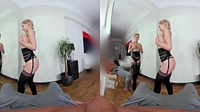 Blonde babe in lingerie with blowjob and handjob action