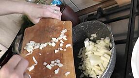 Hairy pussy on display: Nude milf cooks and masturbates in kitchen