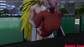 Hinata and her friend persuade a rather shy Sakura to fuck in public