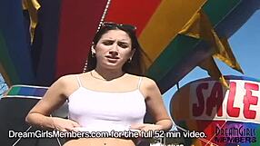 Nude brunette with big boobs poses at a Florida public meeting