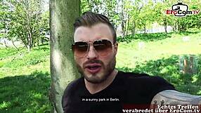German MILF present her curves giving breasts and fondling them in public park