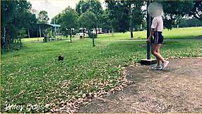 Public exhibitionist milf plays basketball braless in short skirt without panties