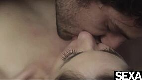 Watch a beautiful scene of a gorgeous blonde satisfying her giant sized man