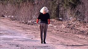 Leather Skirt Milf Struts Big Ass in Black Pantyhose