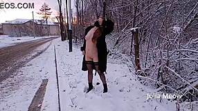 Natural tits exhibitionist wife flaunts herself in the snow