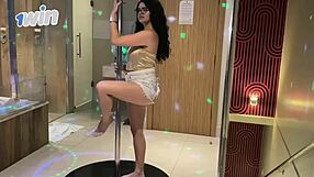 An exposed dancer with adorable and provocative demeanour shows off her petite white genitalia as she shows her dancing skills on the big penis