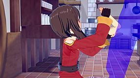 Megumin cosplays in hentai video with hot handjob and facial