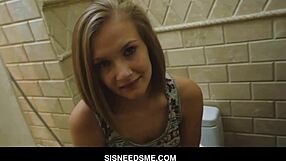 A sexy teen stepsister, Paisley Brooks, strips down naked and gets her stepbrother’s thick cock in her pussy in POV