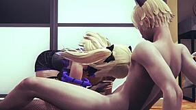 Fischl from Genshin Impact - handjob, oral sex with facial and oral creampie in Japanese anime porn