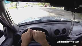 Teen boy who wears spectacles gives a blowjob to a man in the parking lot going for money