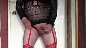 Shy bisexual crossdresser in stockings pleases his own ejaculation