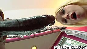 Damn! Cute blonde teen gags on huge black monster cock!