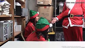 In his office, old man Santa Claus has a threesome with two young elves