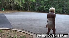 Wearing heels and dress skirt, Black girl squats and urinates in public