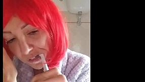 Chantal's oral fetish: Toothbrushing and spitting closeup