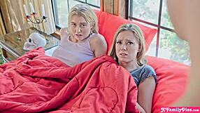 Scared teen stepsisters feel shocked as stepbro pranks them during Halloween night