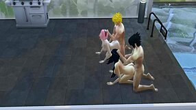 Japanese wife has shower sex with Naruto and Sakura in a adult movie scene with hot sex in the steamy pool