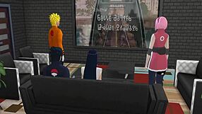 Japanese wife has shower sex with Naruto and Sakura in a adult movie scene with hot sex in the steamy pool