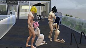Japanese wife has shower sex with Naruto and Sakura in a adult movie scene with hot sex in the steamy pool