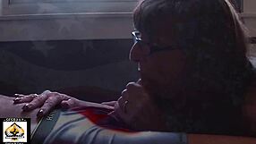 A true American grandma pleasures a male couple’s cock