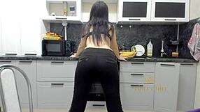 Sexy Brunette MILF Strips in Kitchen, Masturbates Hairy Pussy, Gets Doggystyle Craving Cock Angela-MILF