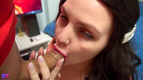 A beautiful naked lady with natural big boobs gives blow a job and does a sexual intercourse in missionary position and finished on her face