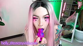 Sexy costume teen pleasure herself with a dildo