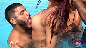 In the pool a fiery Peruvian enchantress revels in the pleasure of three men, wanting more