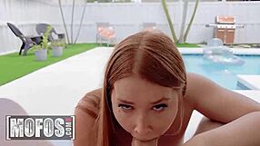 As she swimsuit seduces Jmac at the pool Harper Red
