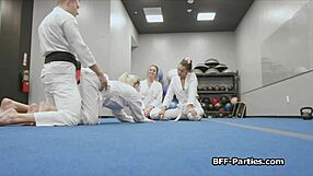 Foursome with lewd teens during martial arts lessons