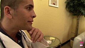 A thin girl with light-coloured hair gets what she wants and needs from a big breasted man in a white coat