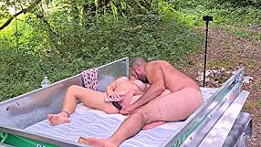 Vanilla sex between a European couple while screwing the hot big boobs blue eyed dirty blonde MILF in the outdoors