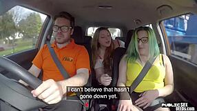 European chick with glasses gives public car sex and cumshot