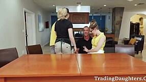 Three big breasted women try to take their dad‘s dick in various positions and positions for some reckless sex