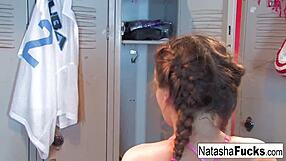 Porn star Natasha takes a lot of time to pleasure her wet and slippery twat and nice butts