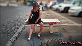 no panty under short dress, upskirt flash of pussy walking in public city center - misscreamy