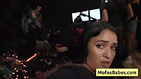 Horny brunette Nia Bleu-Brett Maker naked big natural tits on stage