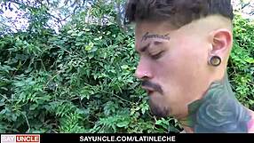 Randy Latino amateurs with tattoos fool around naked in a pool gay throating in a home video