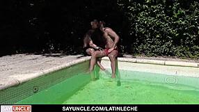 Randy Latino amateurs with tattoos fool around naked in a pool gay throating in a home video