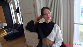 Awesome petite girl from Europe receives a facial from a man who seems older to her