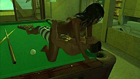 Animated and erotic anime-styled woman playing a game of pool
